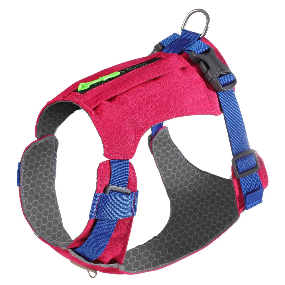 A pink and blue padded dog harness vest for small and medium dogs.