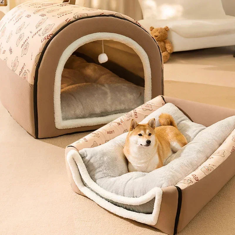 A beige pet bed for dogs and cats with a rounded entrance and a fluffy orange dog resting inside.