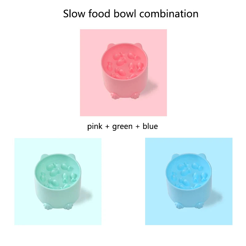 A pink slow food bowl for pets is shown alongside light green and blue versions.