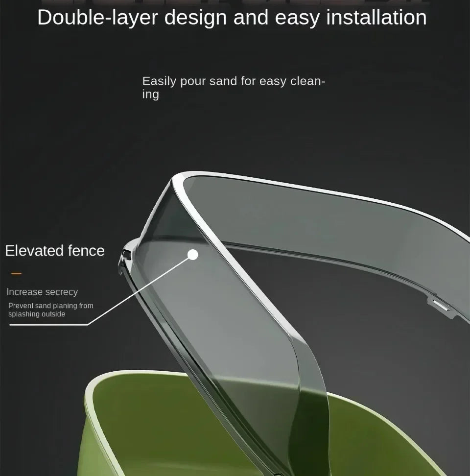 A close-up view of a double-layer, elevated fence design for a semi-enclosed splashproof cat litter box.
