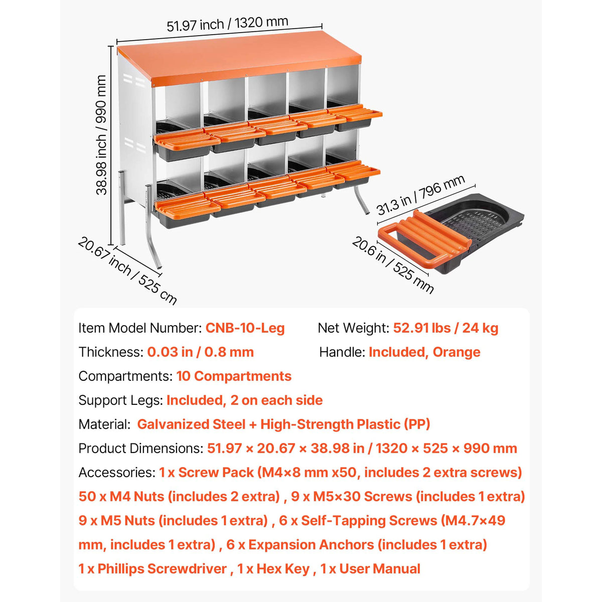 An orange galvanized steel chicken nesting box with ten compartments and an egg collection tray.