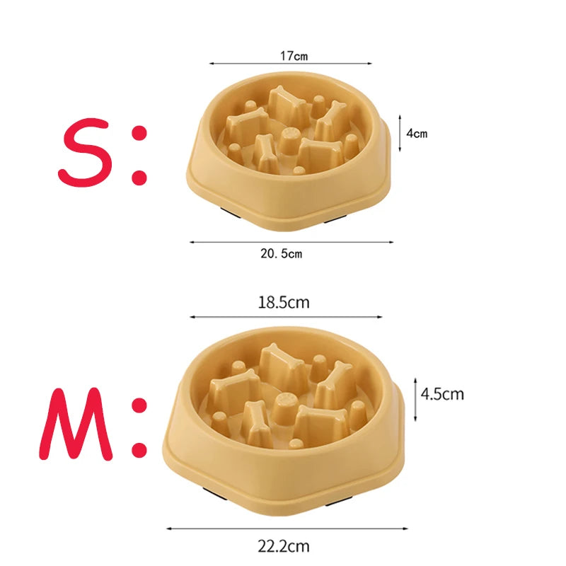 Three dog bowls of varying sizes S and M shown with dimensions.