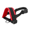 Black and red adjustable breathable dog muzzle with a buckle and metal clip.