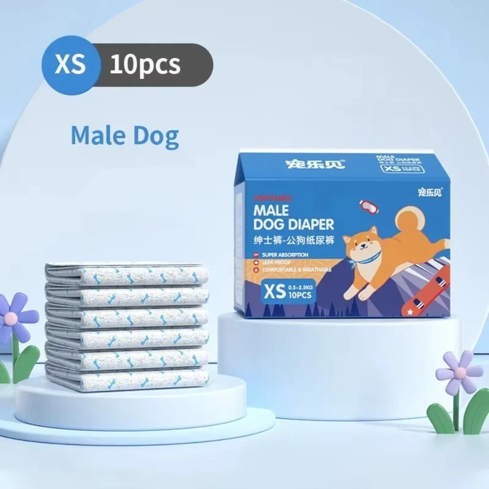Box of 10 disposable male dog diapers for puppies shown next to a stack of diapers