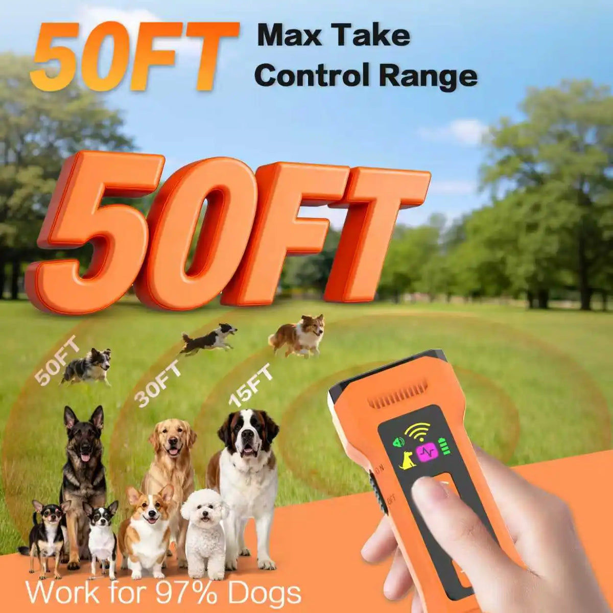 An orange ultrasonic dog training device is shown being held by a hand, with various dogs in the background.