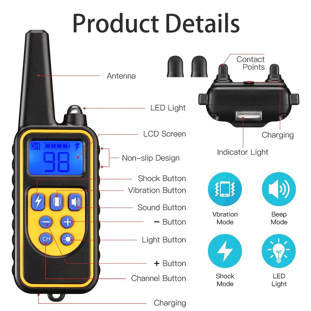 A yellow and black remote control dog training collar with various buttons and an antenna.