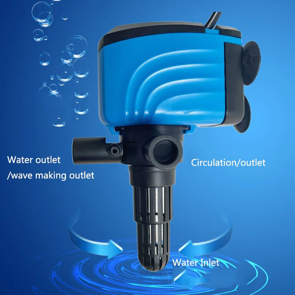 A blue submersible aquarium water pump with an outlet and inlet, showing water circulation.