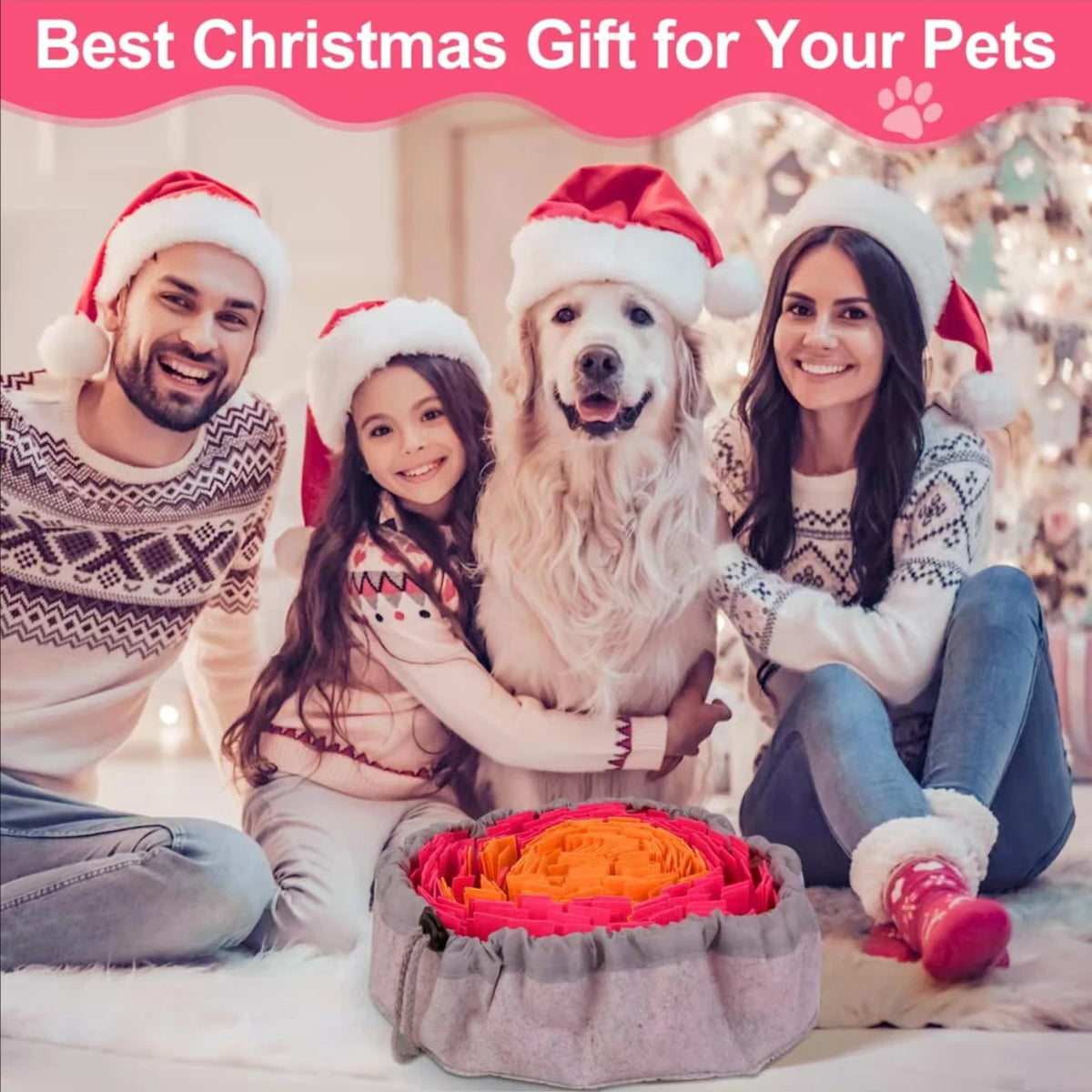 A woman and a man smiling with a dog, posing for a Christmas gift idea for pets.