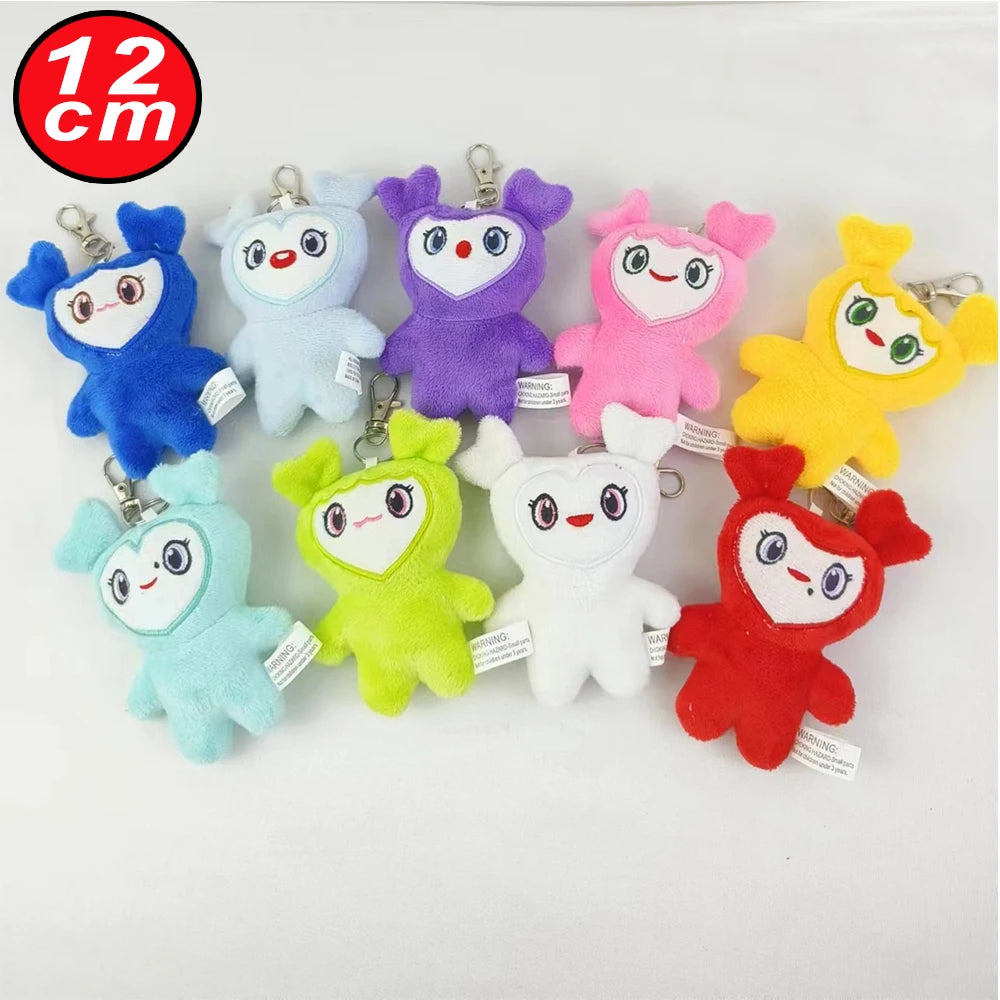 A collection of colorful kawaii Momo plush keychains in various colors like blue, purple, pink, and yellow.