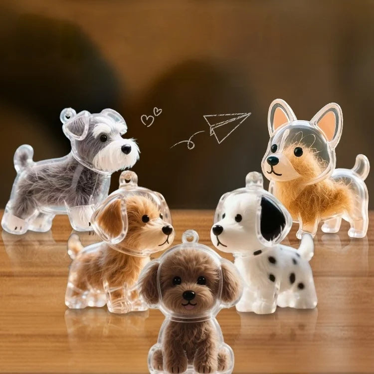 A collection of dog hair keepsakes pendants in various colors and shapes arranged on a wooden surface.