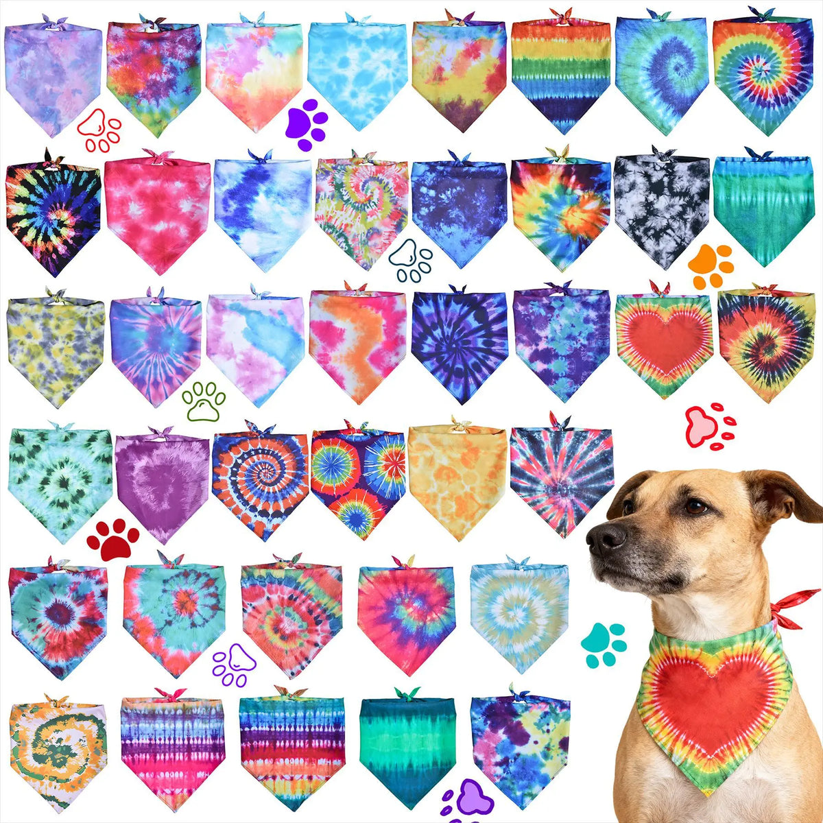 A grid of colorful dog bandanas and scarves featuring various patterns and colors.