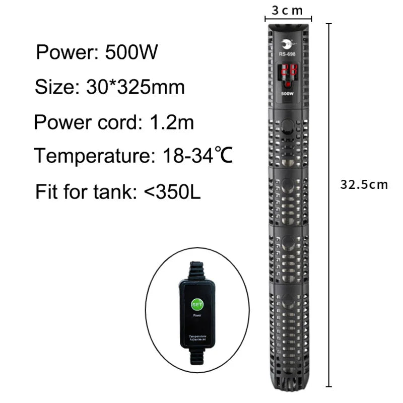 Schwarzer digitaler Tauchtank-Aquariumheizer mit Stromkabel und Spezifikationen.