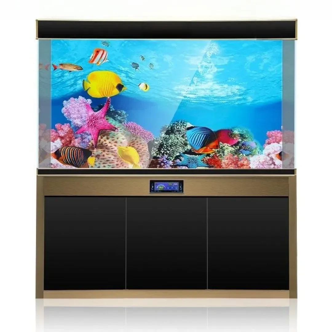 Darstellung von 3D-Aquarium-Hintergrundaufklebern für Fischbecken mit bunten Fischen und Meeresleben.