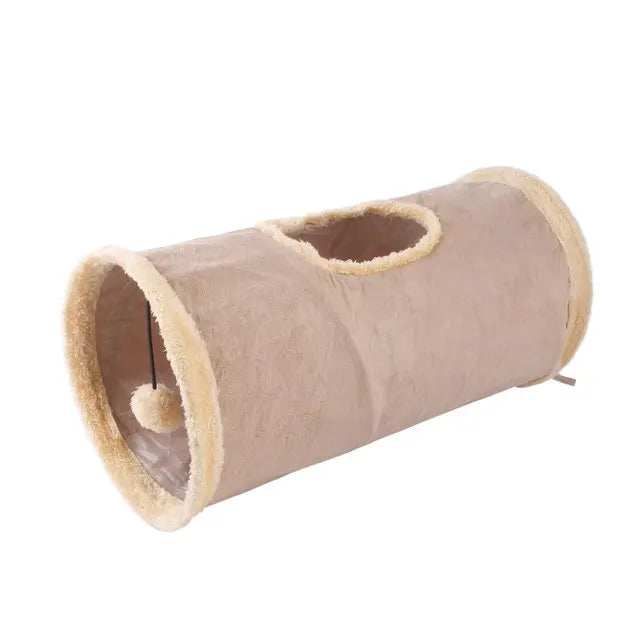 A beige suede foldable S-shape cat tunnel with a fluffy trim.