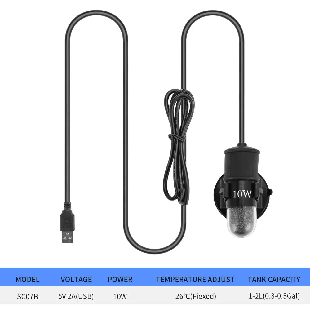 Black USB submersible aquarium heater with a long cord and a 10W power rating