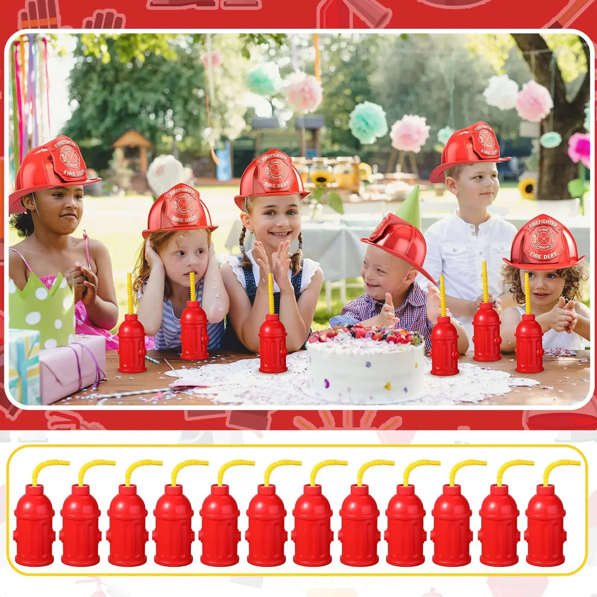 A group of children celebrating with red fire hydrant shaped straws and lids for a party.
