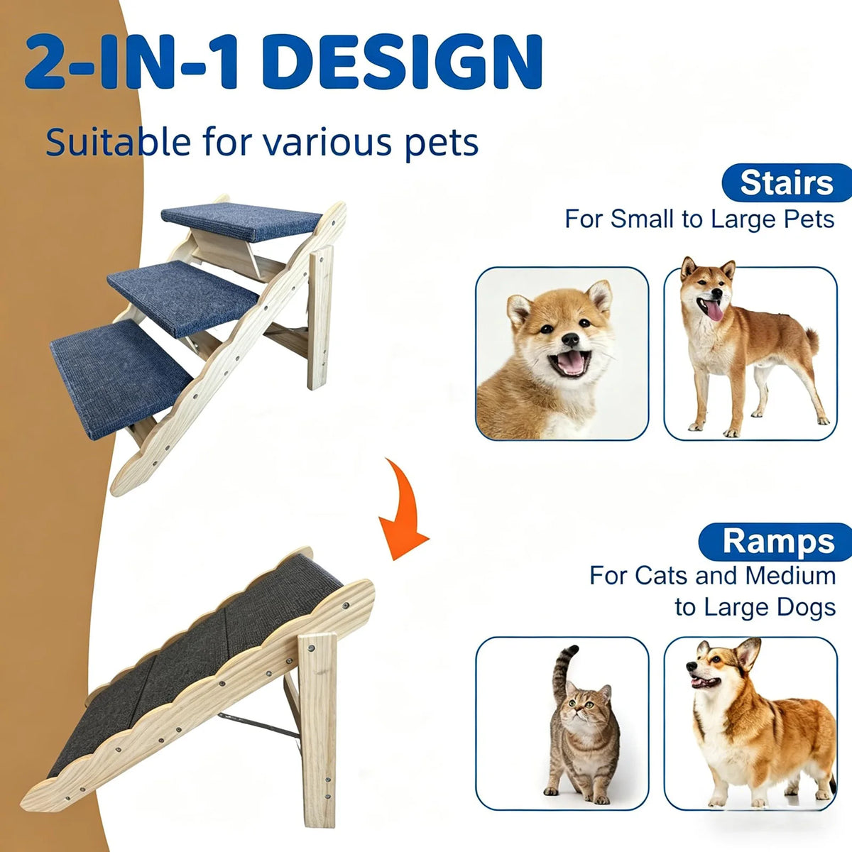 A 2-in-1 wooden pet product showing stairs and a ramp suitable for various pets like cats, small to large dogs, and large pet
