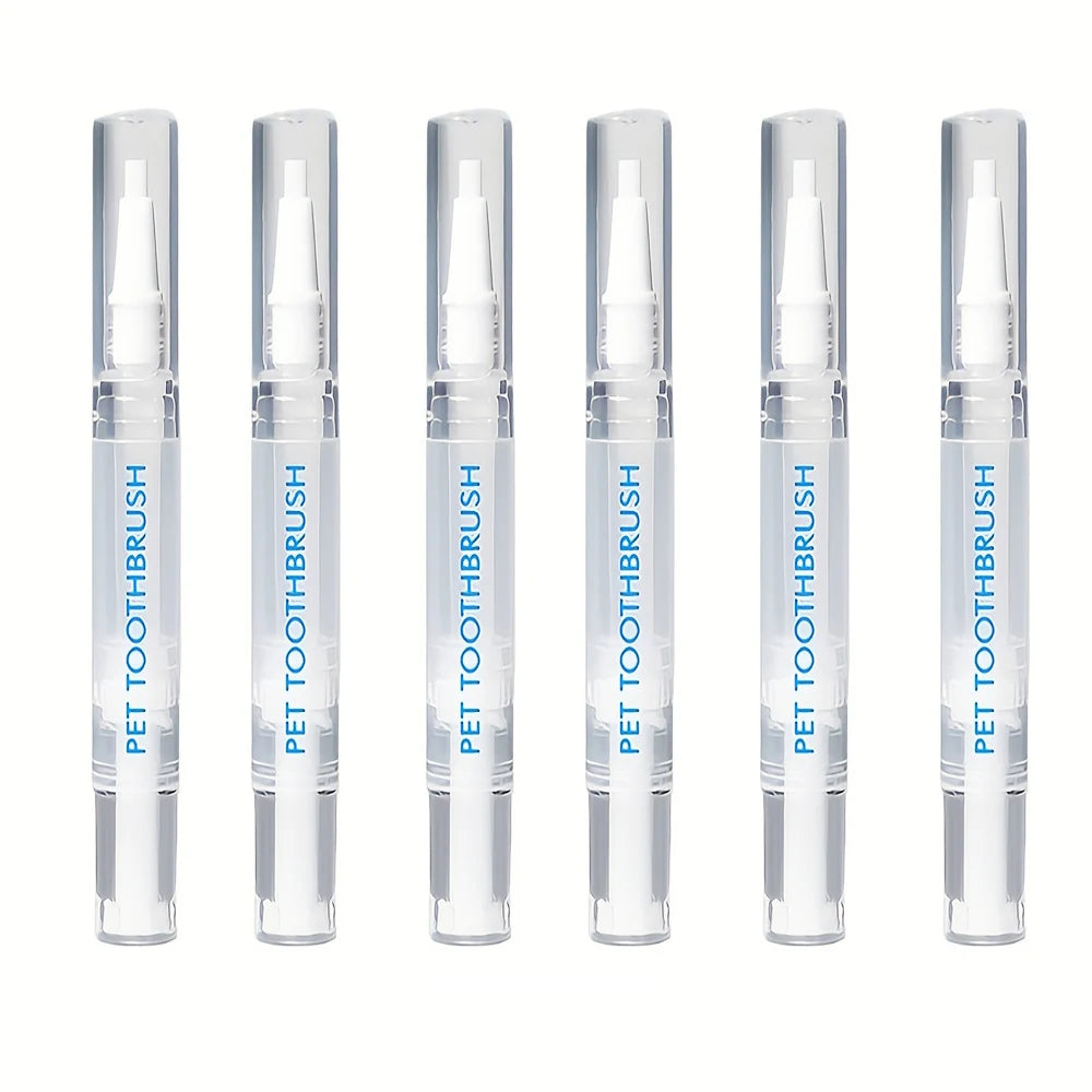 A set of six clear dental cleaning pens for dogs, designed to remove plaque and tartar.