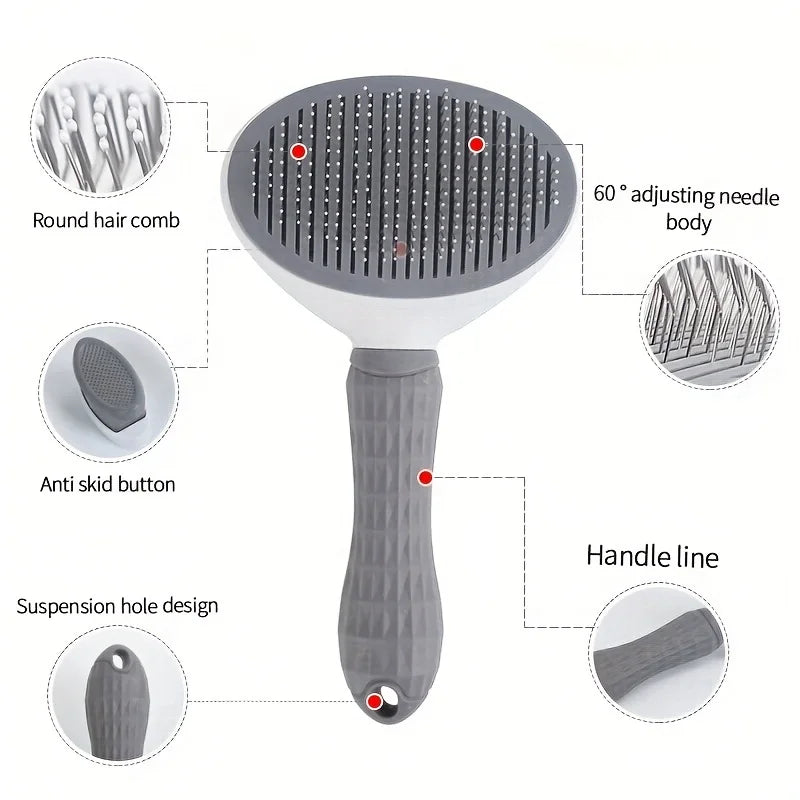 A gray pet hair removal slicker brush with a round comb, anti-skid button, and suspension hole design.