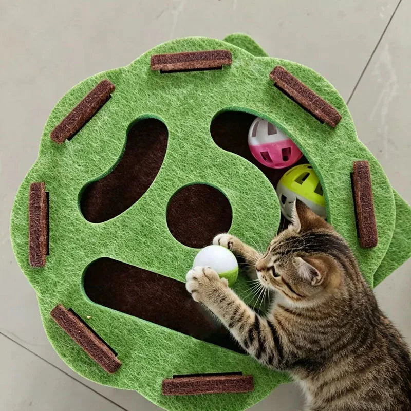 A tabby cat is interacting with a green puzzle toy box featuring a maze tunnel and a pink ball.