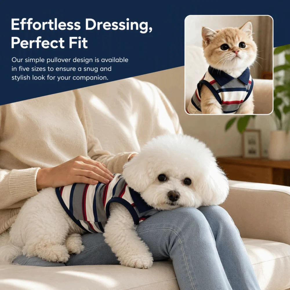 A fluffy white dog is wearing a striped polo shirt for pets in a cozy indoor setting.