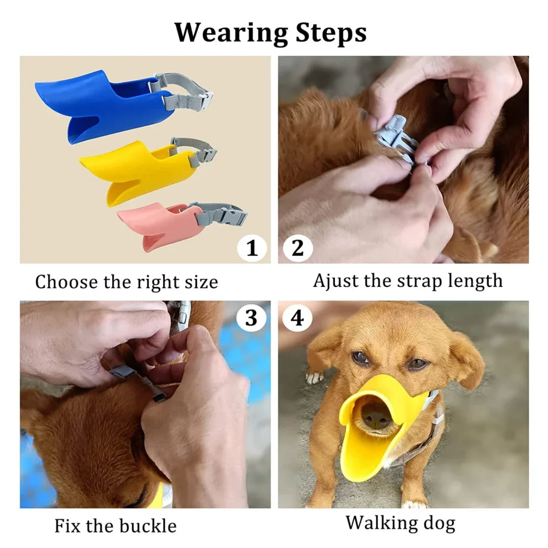 Schritt-für-Schritt-Anleitung, wie man einen Silikon-Duckbill-Mundstück für einen Hund ansetzt.
