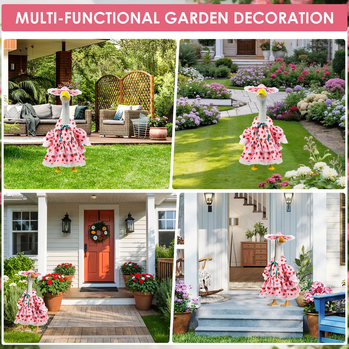 A pink and white floral goose outfit for multi-functional garden decoration displayed in a yard setting.