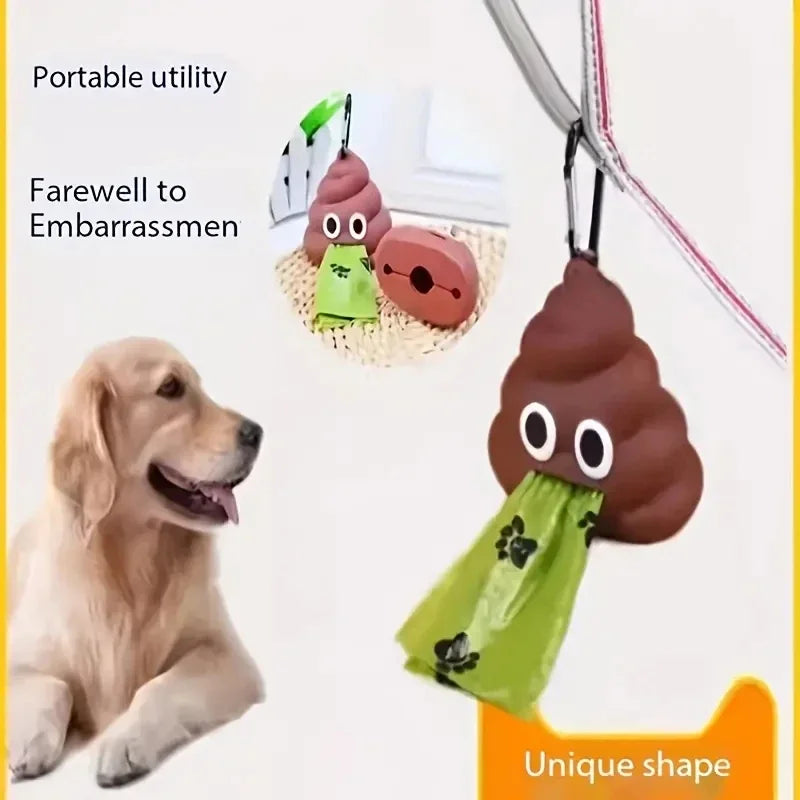 A brown silicone dog waste bag dispenser with a green fabric bag is shown next to a golden retriever.