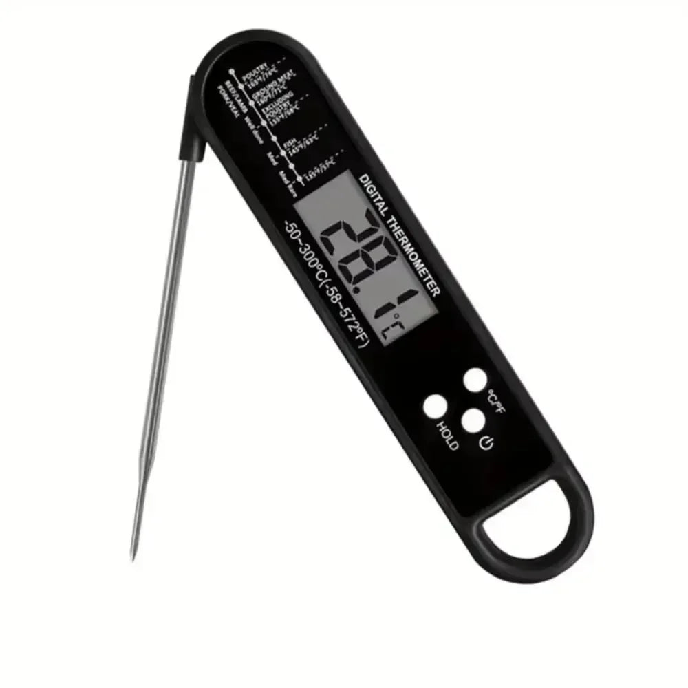 A black instant read digital meat thermometer with a backlit display and probe.