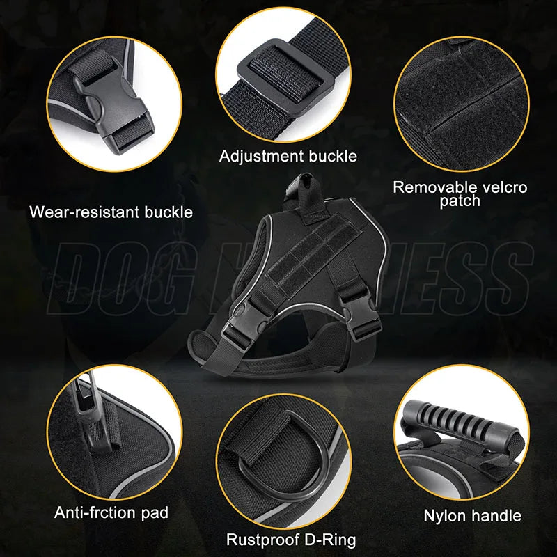 Close-up view of a black tactical dog harness showing features like adjustment buckle, velcro patch, D-ring, and nylon handle