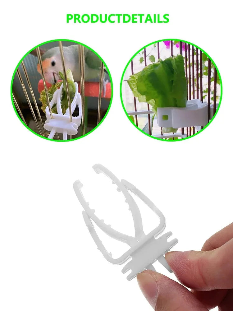White plastic bird food holder clip used to feed a parrot or small bird.