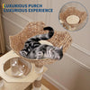 A tabby cat is relaxing inside a woven wicker cat tree with a litter box enclosure and storage cabinet.