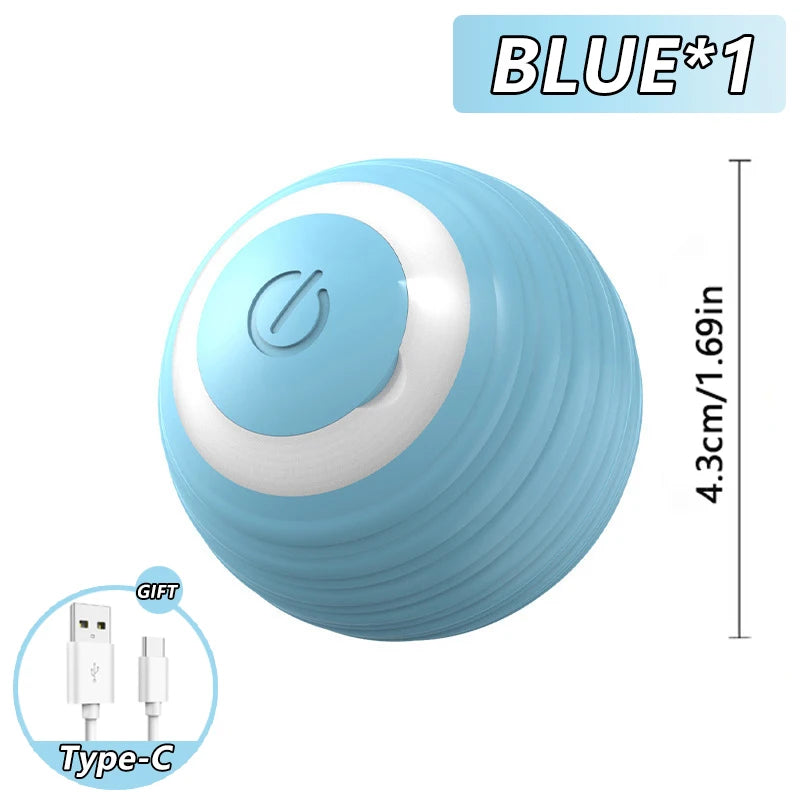 Helles blaues kugeliges Katzenspielzeug mit weißer Mitte und sichtbarem Type-C-Anschluss.