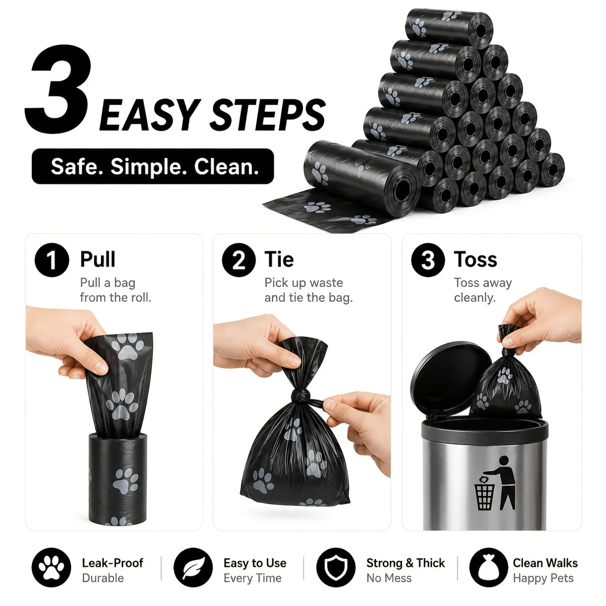 A stack of black dog waste bags is shown with three steps for easy use: pull, tie, and toss.