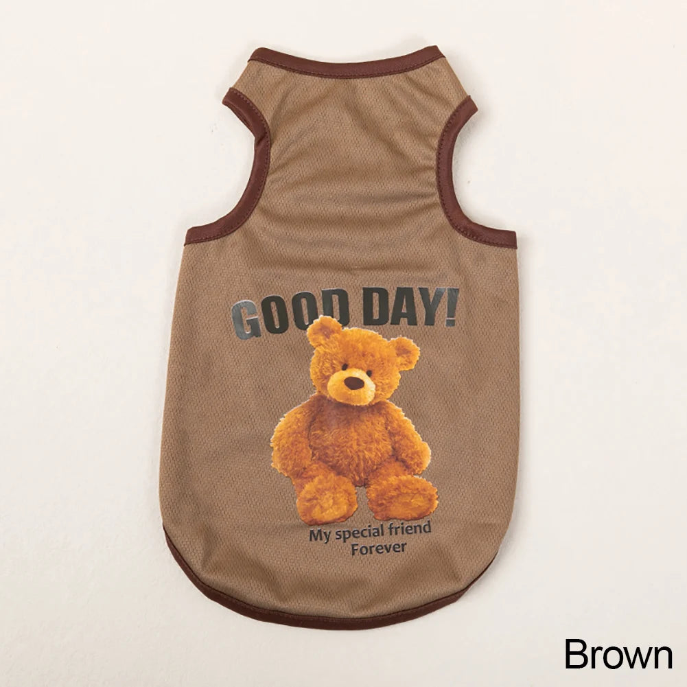 Brown pet vest with a cartoon bear print featuring the text Good day My special friend Forever
