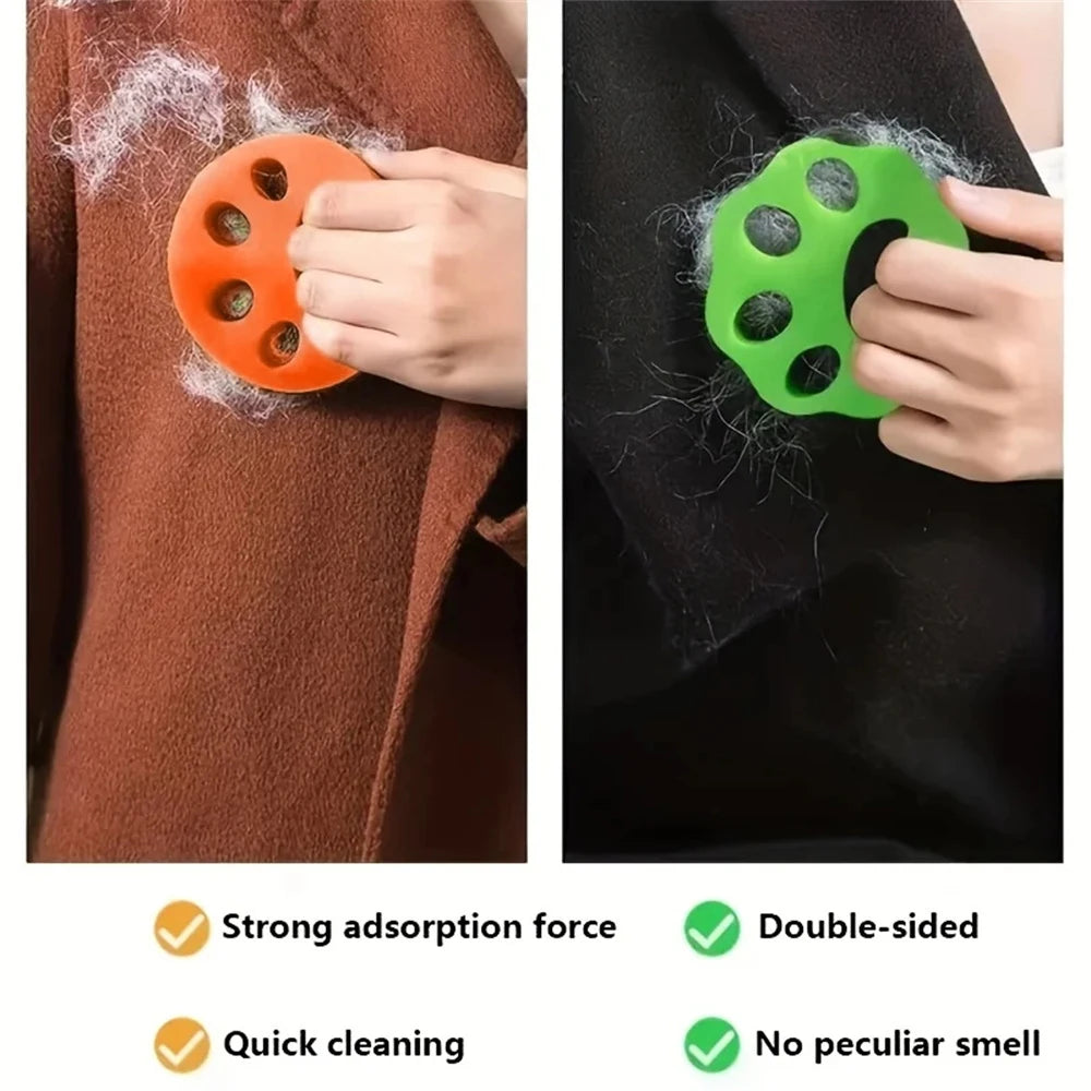 Two reusable lint rollers, one orange and one green, are shown being used to remove pet hair from fabric.