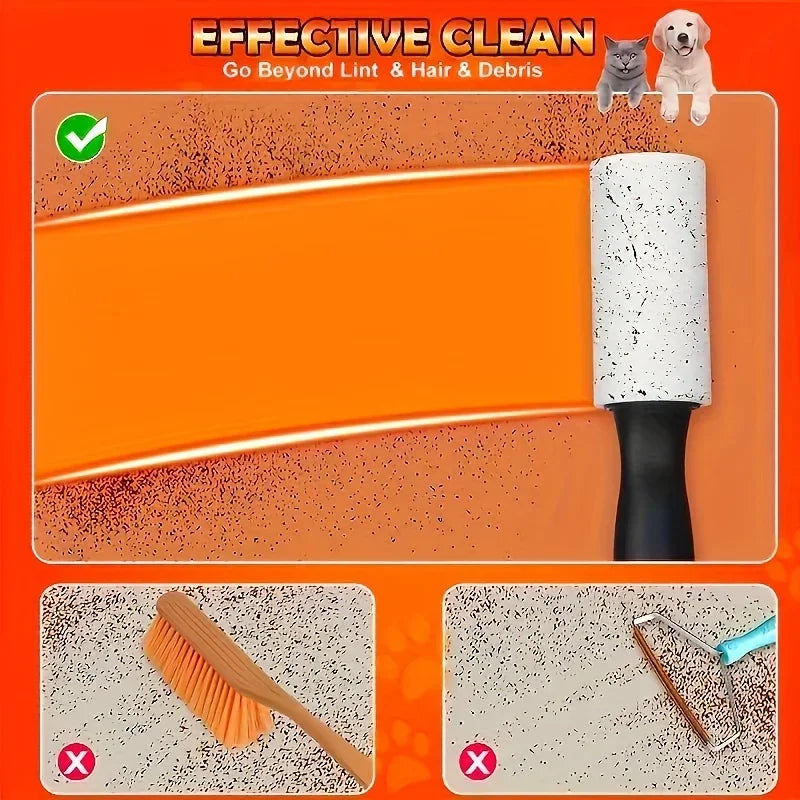 An orange lint roller is shown cleaning pet hair and debris from a surface, demonstrating effective lint removal.