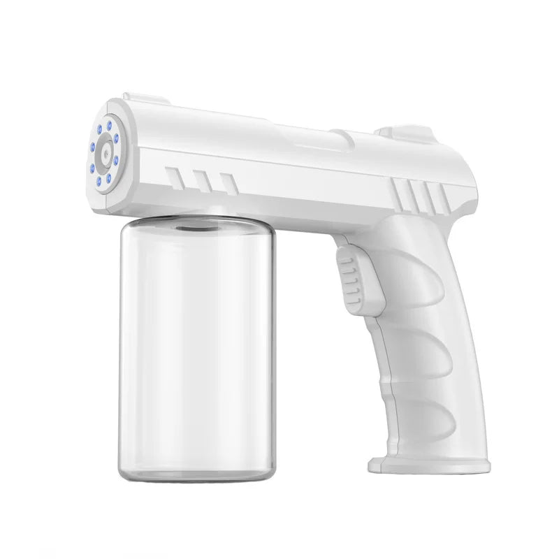 A white portable USB rechargeable nano hairspray steam gun with a clear cylindrical tank.