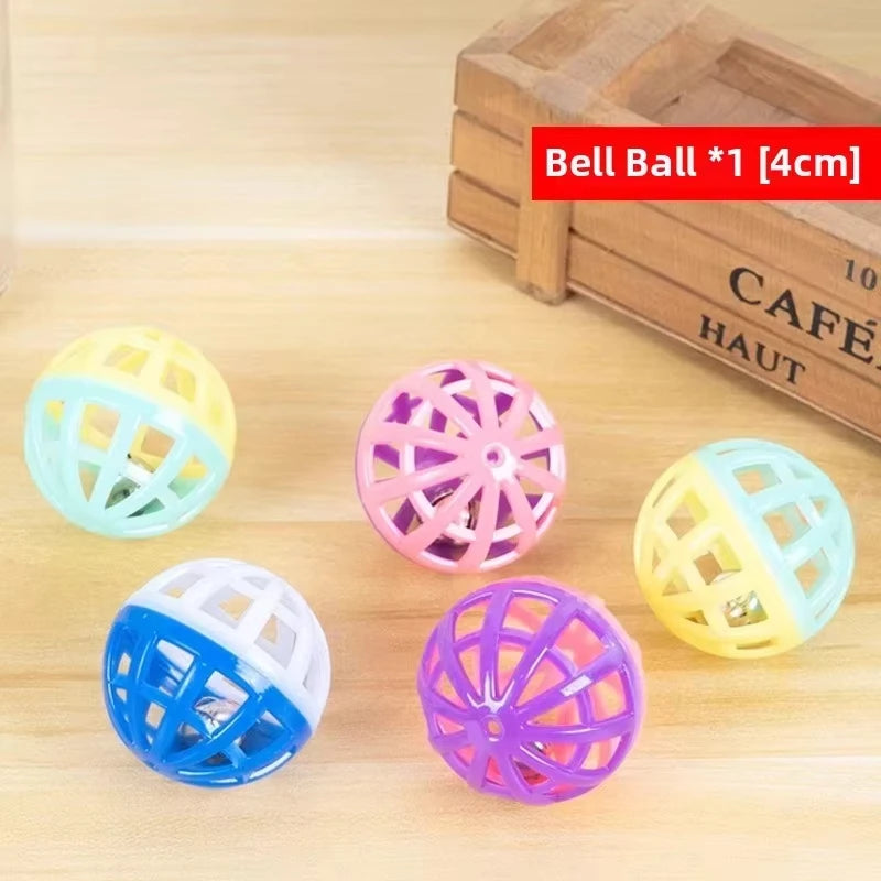 Five colorful felt ball toys for cats in various colors including yellow, pink, blue, and white.