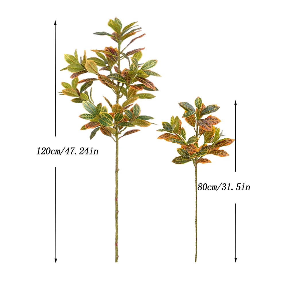 Artificial croton tree with vibrant tropical leaves showing height measurements.