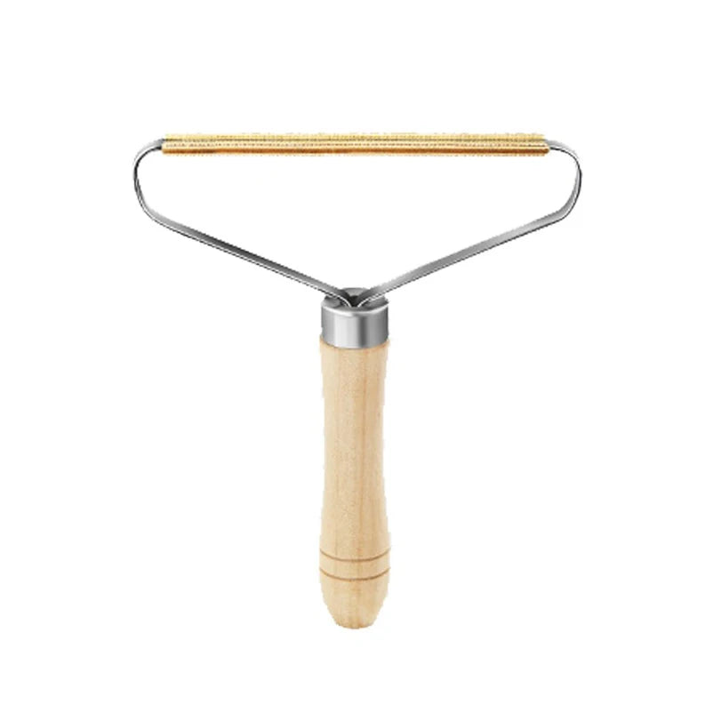 A wooden pet hair removal brush with a metal loop and bristles.