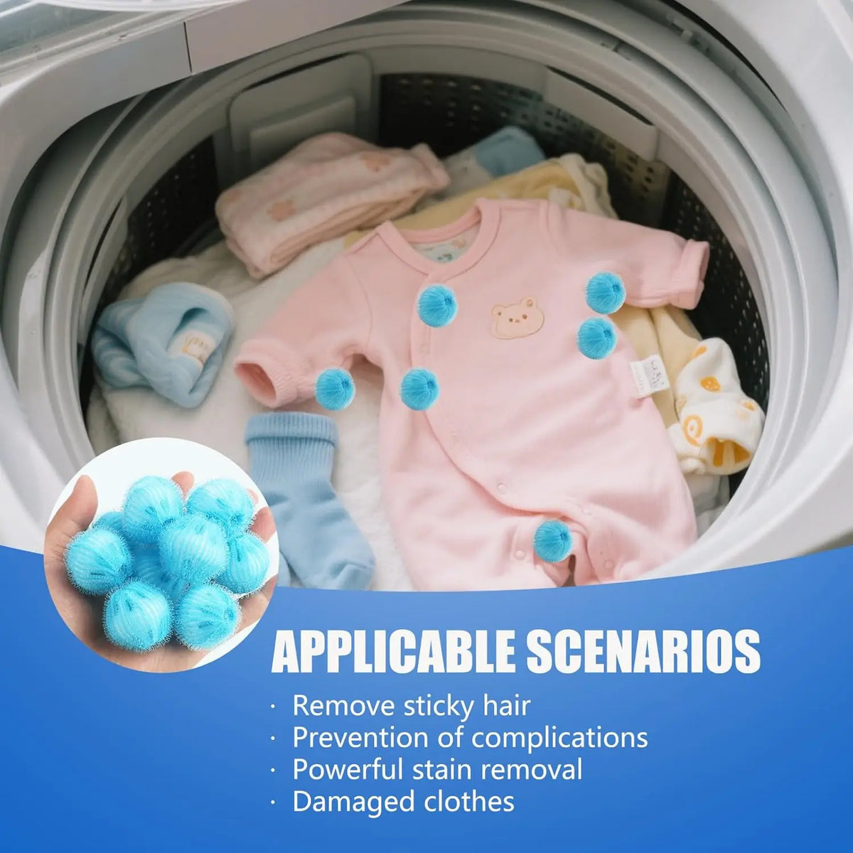 Reusable lint filter balls shown next to a laundry basket with clothing inside