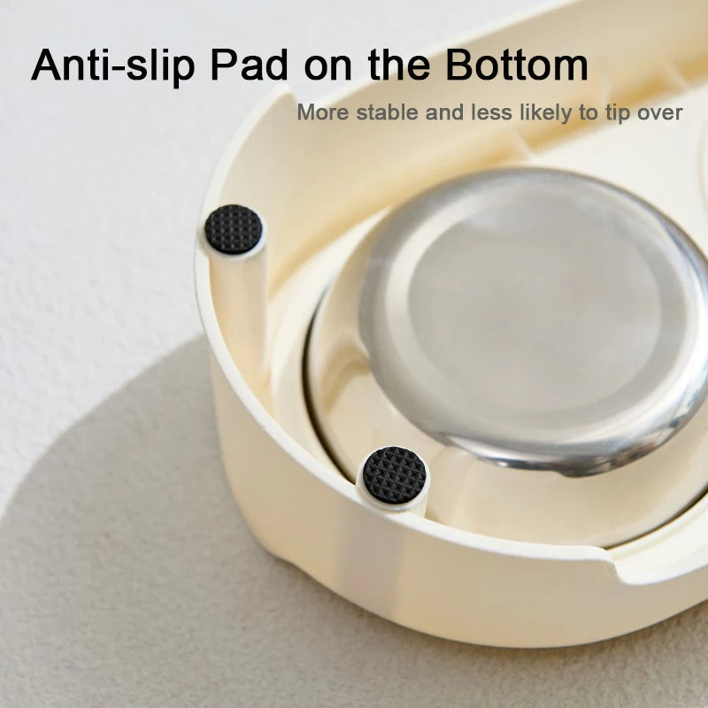 An elevated pet feeder stand with double stainless steel bowls featuring anti-slip pads on the bottom.