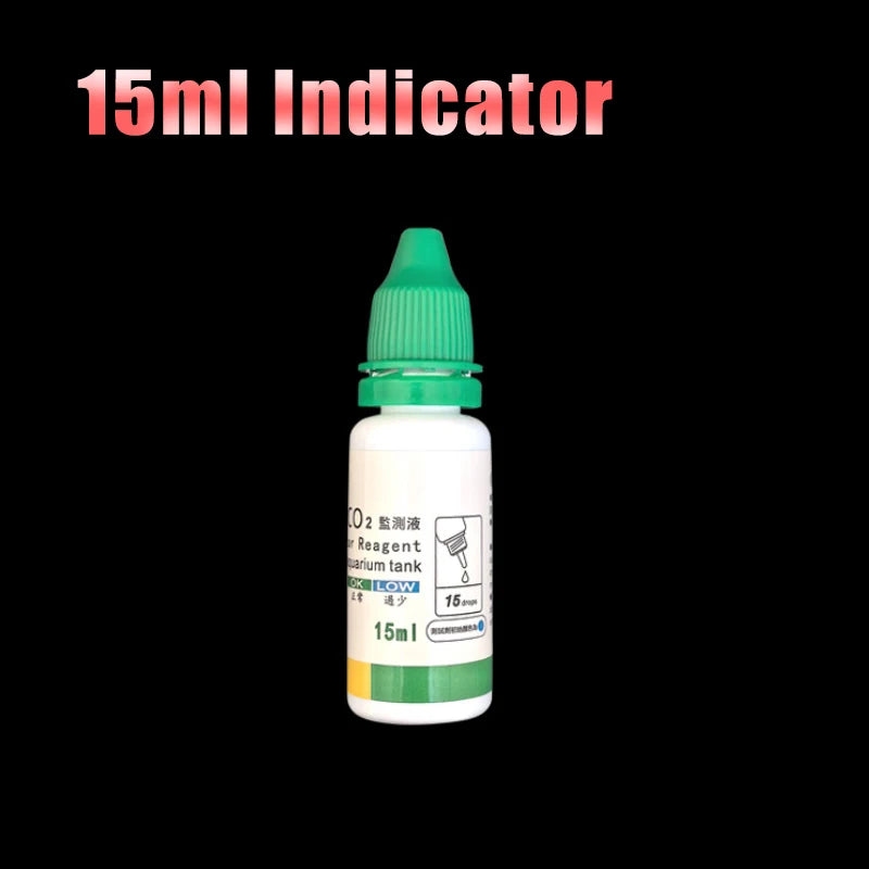 A white dropper bottle labeled 15ml indicator for a CO2 reagent tank.