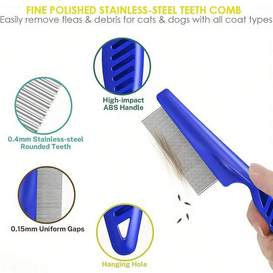 Close-up view of a blue fine polished stainless steel teeth comb for pets, showing various features like rounded teeth and un