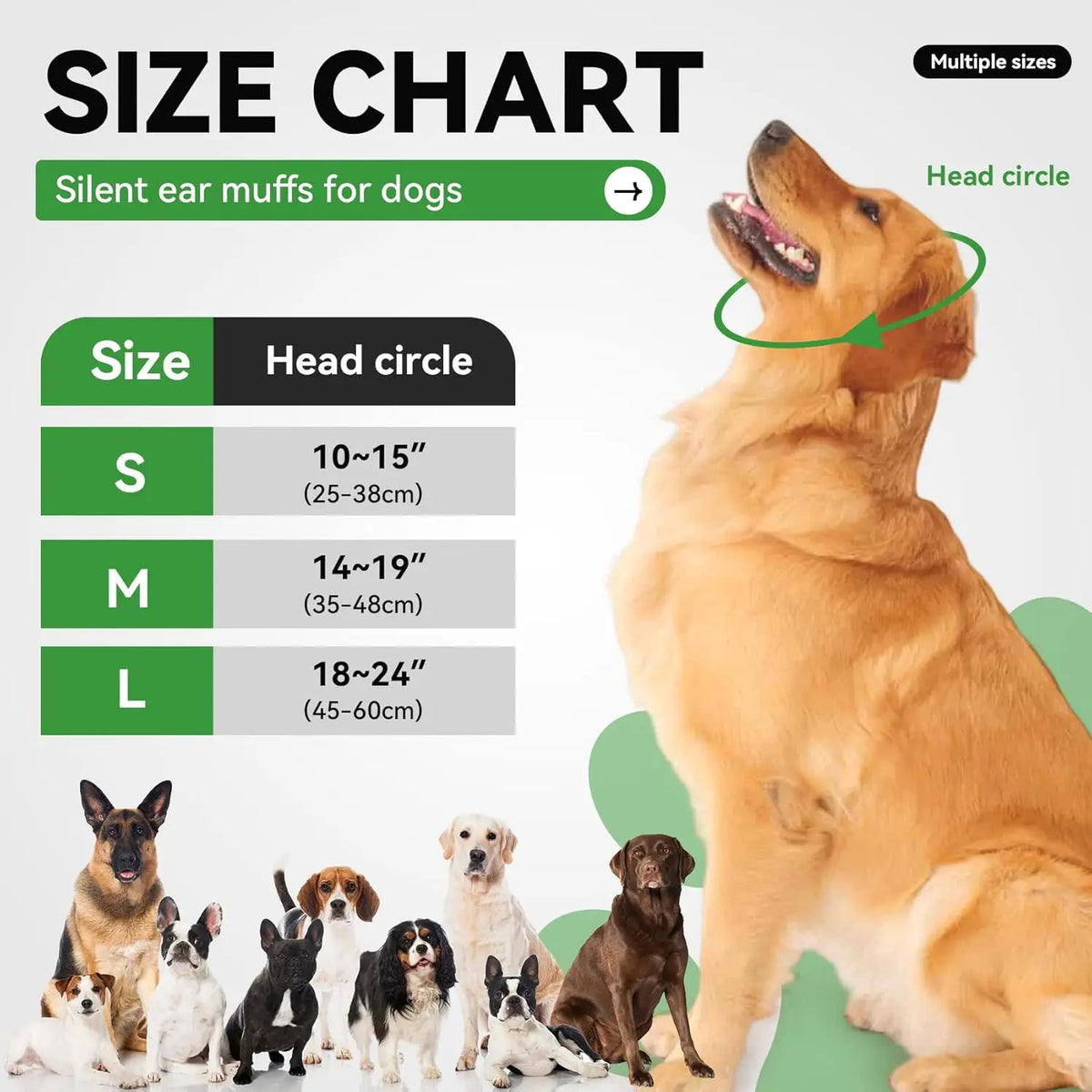 A size chart and various sized dog ear muffs shown next to several dogs.
