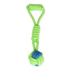 A bright green cotton rope dog toy with a knotted end.