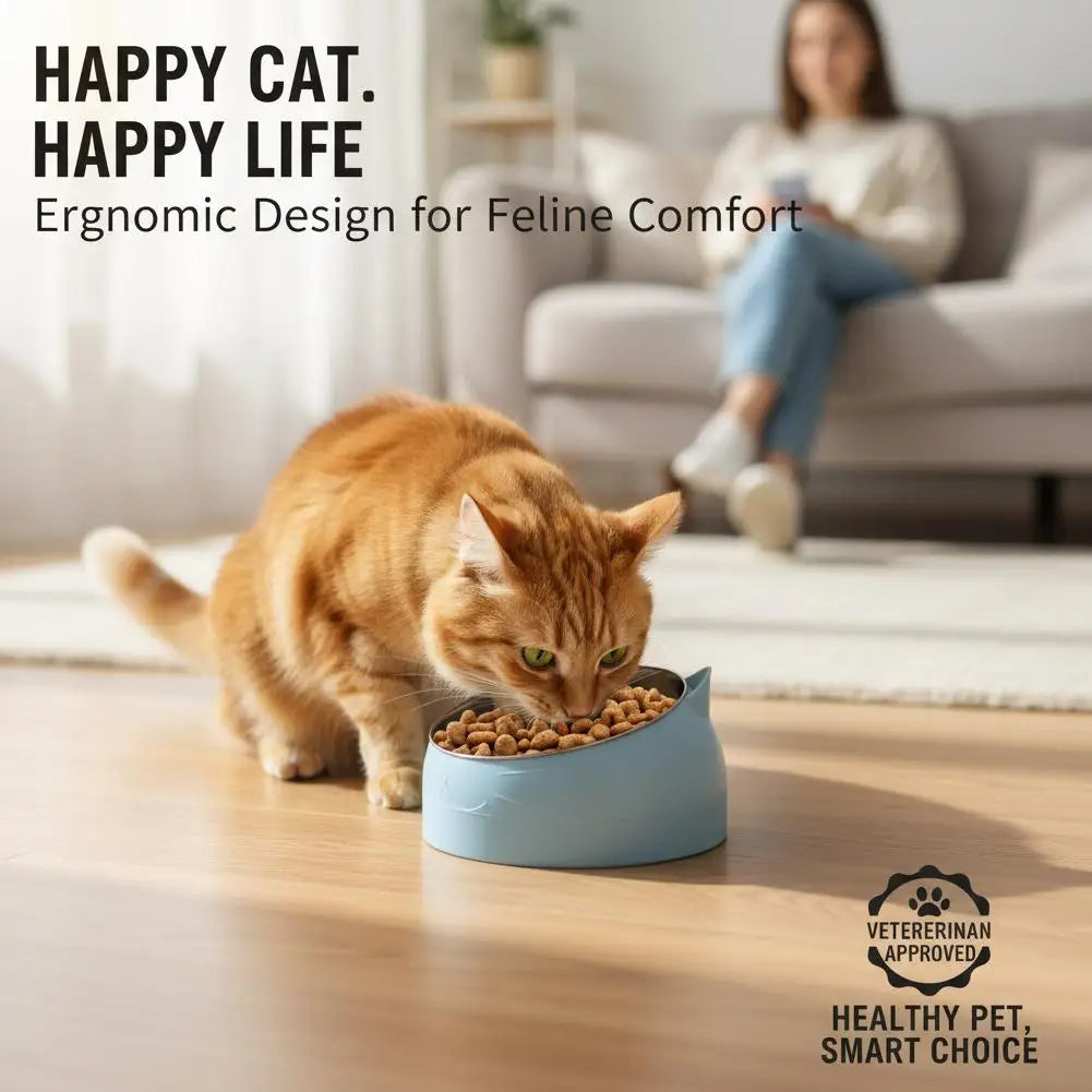 An orange cat is eating from a light blue ergonomic stainless steel pet bowl on a wooden table.