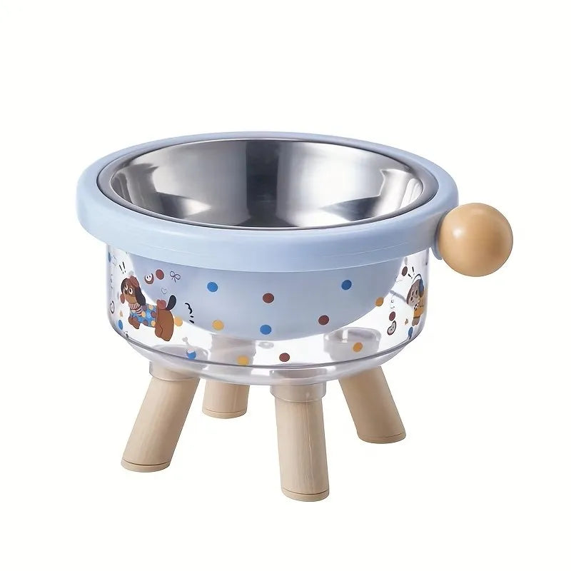 Elevated stainless steel double pet bowl with a light blue stand and wooden scoop.