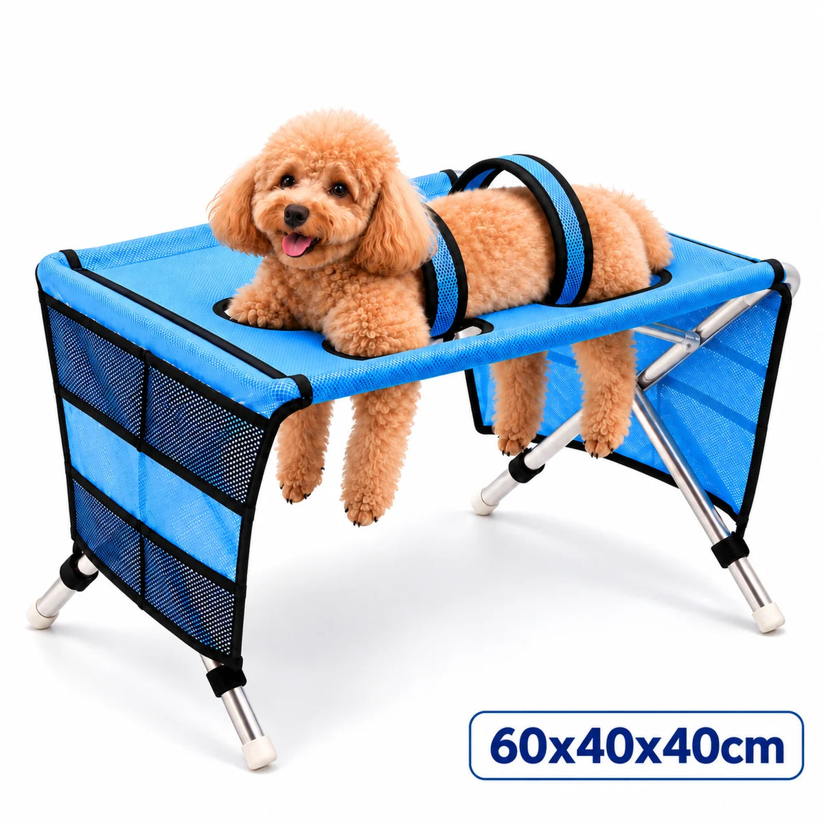 A small, fluffy golden dog is resting on a blue foldable pet bath hammock stand.